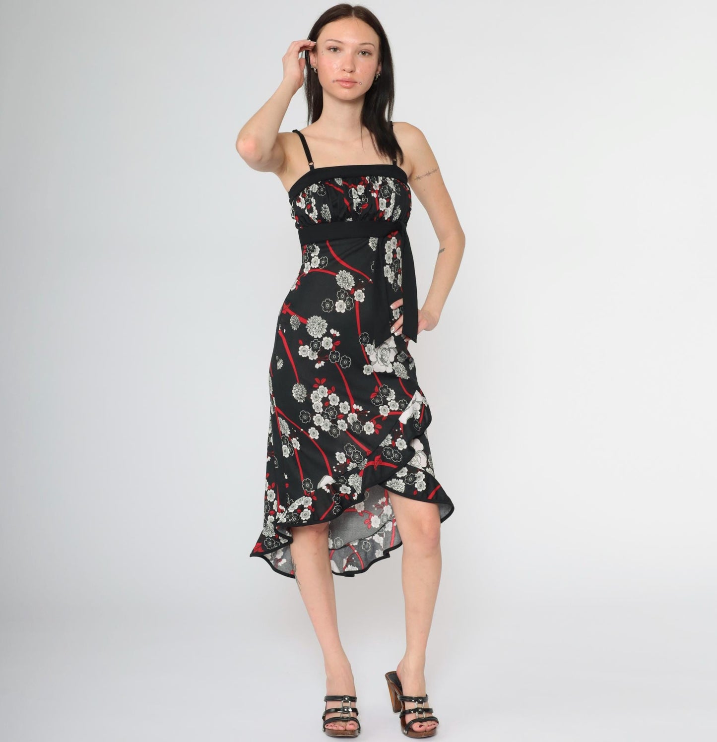 Y2K Black Floral Midi Dress Waterfall Hem Empire Waist Spaghetti Strap Extra Small