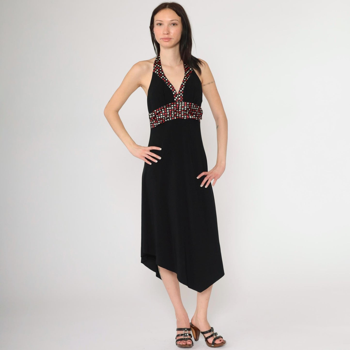 Y2K Black Halter Neck Midi Dress Polka Dot Empire Waist High Low Hem Medium