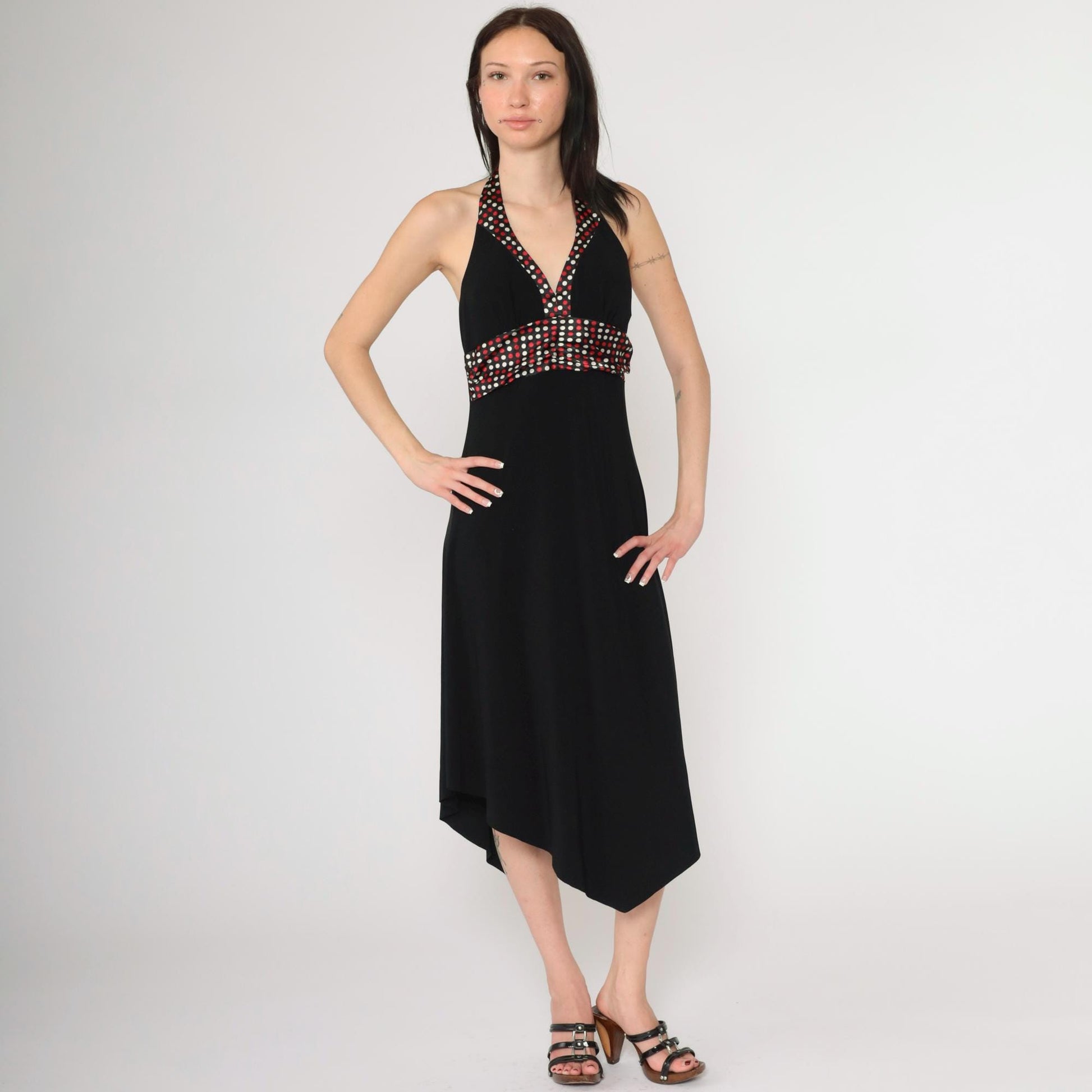 Y2K Black Halter Neck Midi Dress Polka Dot Empire Waist High Low Hem Medium