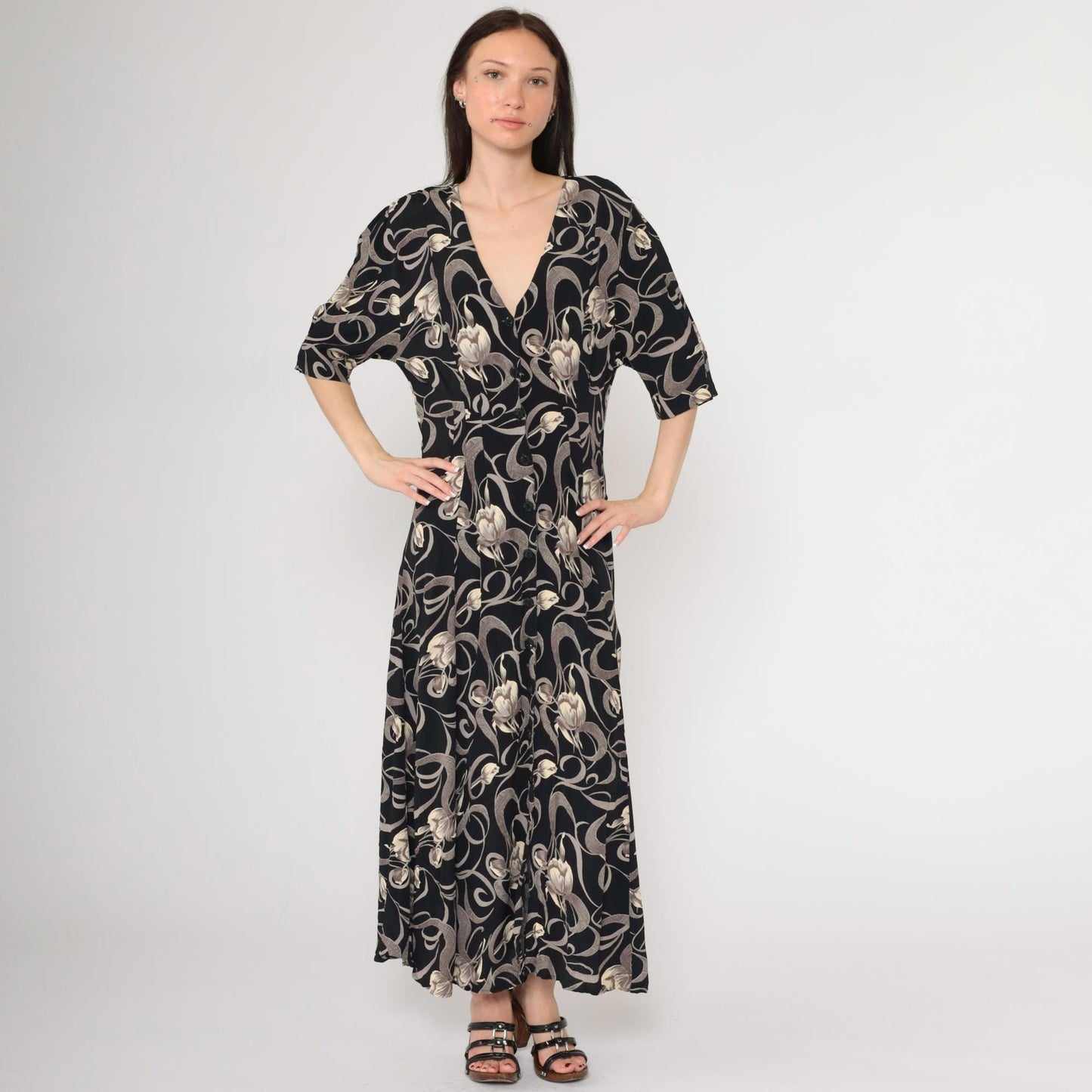90s Express Black Floral Maxi Dress Tulip Swirl Print V-Neck Short Sleeve Medium Large