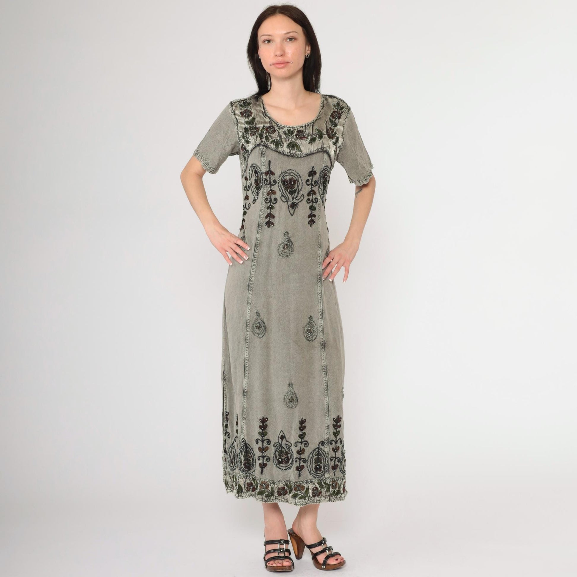 Y2K MPH Indian Embroidered Maxi Dress Grey Beaded Floral Short Sleeve Medium