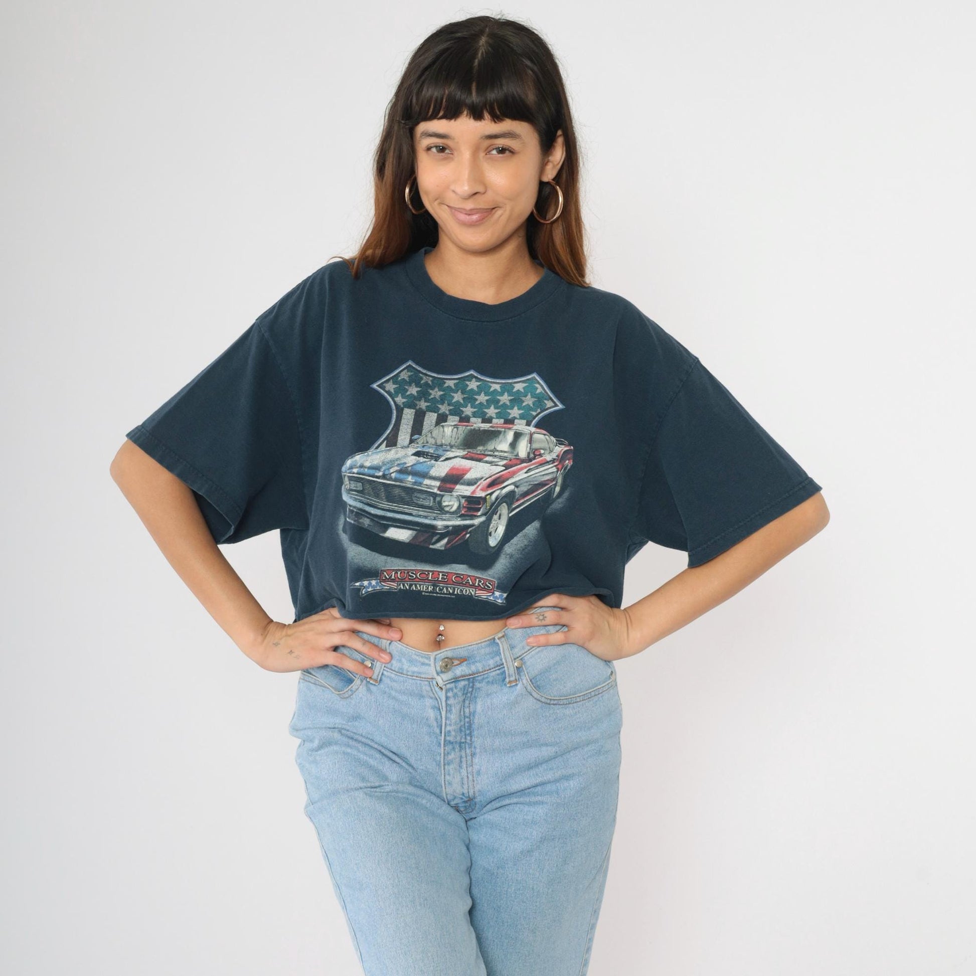 Y2K Muscle Cars American Icon Graphic Crop Top Navy Cotton Extra Large XL