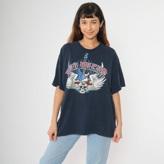 USA Rocks Skull Guitar Graphic T-Shirt Navy Cotton Crewneck Extra Large XL