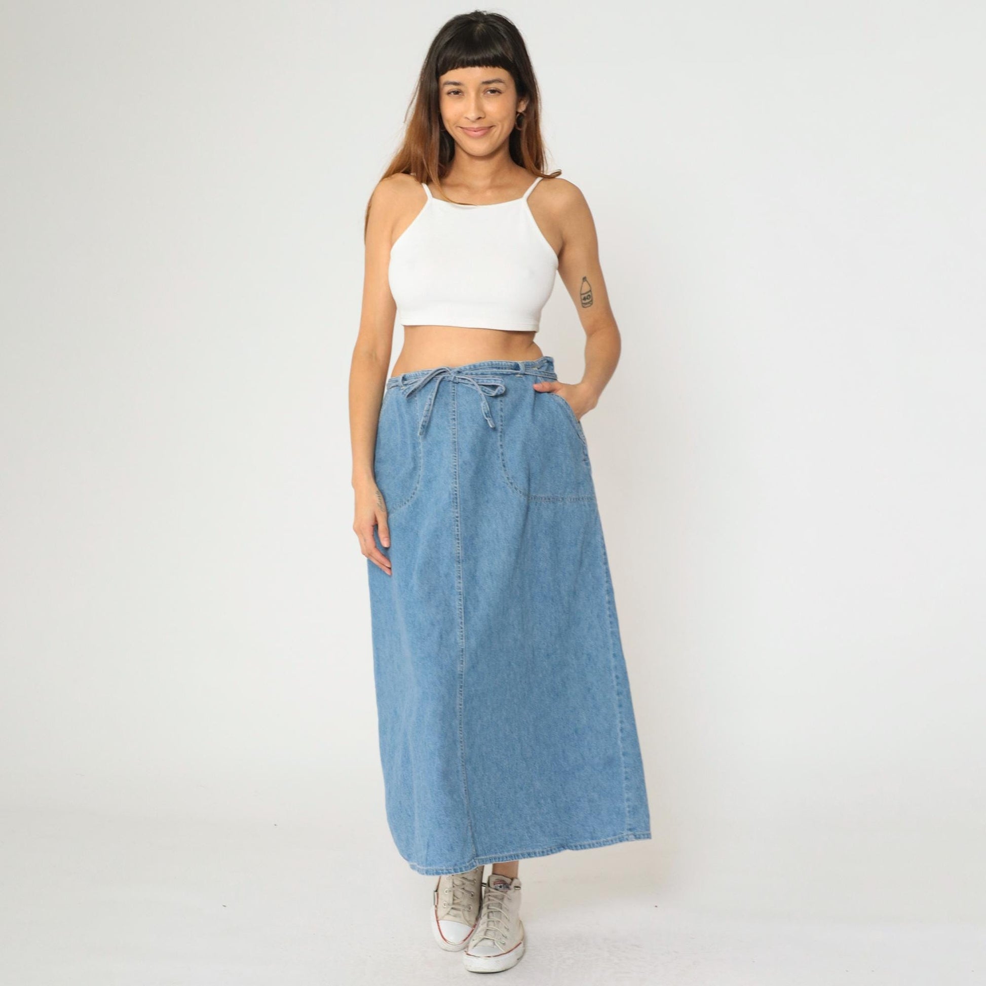 90s St. John's Bay Denim Cargo Maxi Skirt Blue High Waist Tie Closure Size 16W