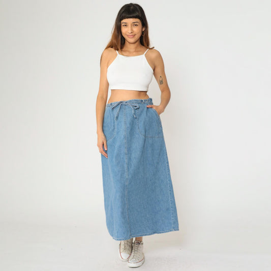 90s St. John's Bay Denim Cargo Maxi Skirt Blue High Waist Tie Closure Size 16W
