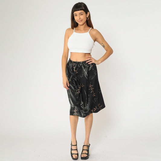 90s Black Satin Midi Skirt Floral Print High Waist Elastic Small