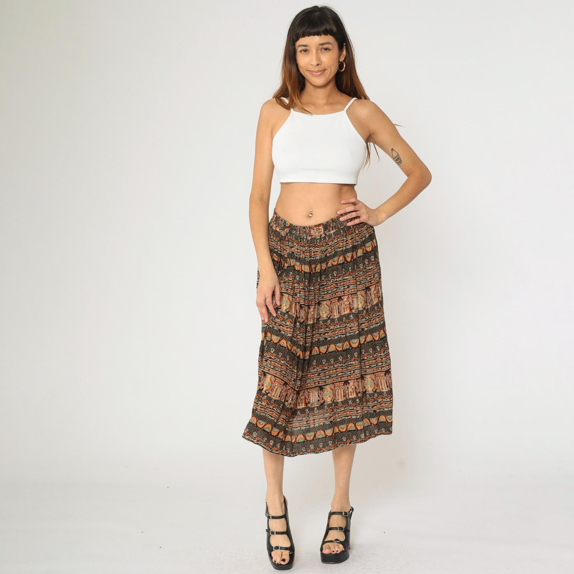 90s Broomstick Midi Skirt Black Orange Vase Print Crinkle Rayon Medium M