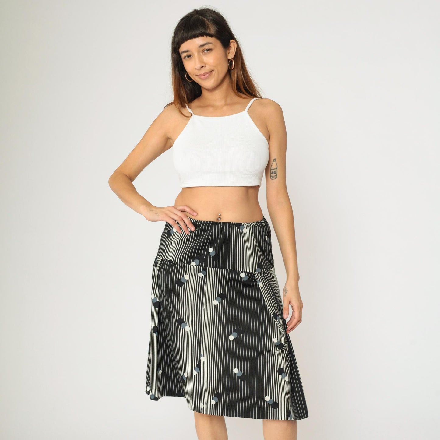 70s Black White Striped Polka Dot Mod Skirt High Waist A-Line Knee Length Small Medium