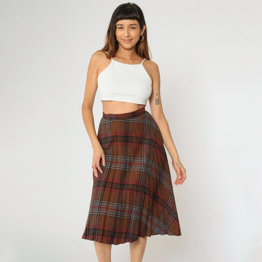 80s Russ Togs II Plaid Midi Skirt Brown High-Waisted A-Line Small