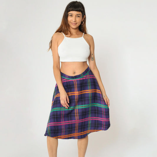 90s Purple Plaid Midi Skirt High Waisted Checkered School Girl Medium M
