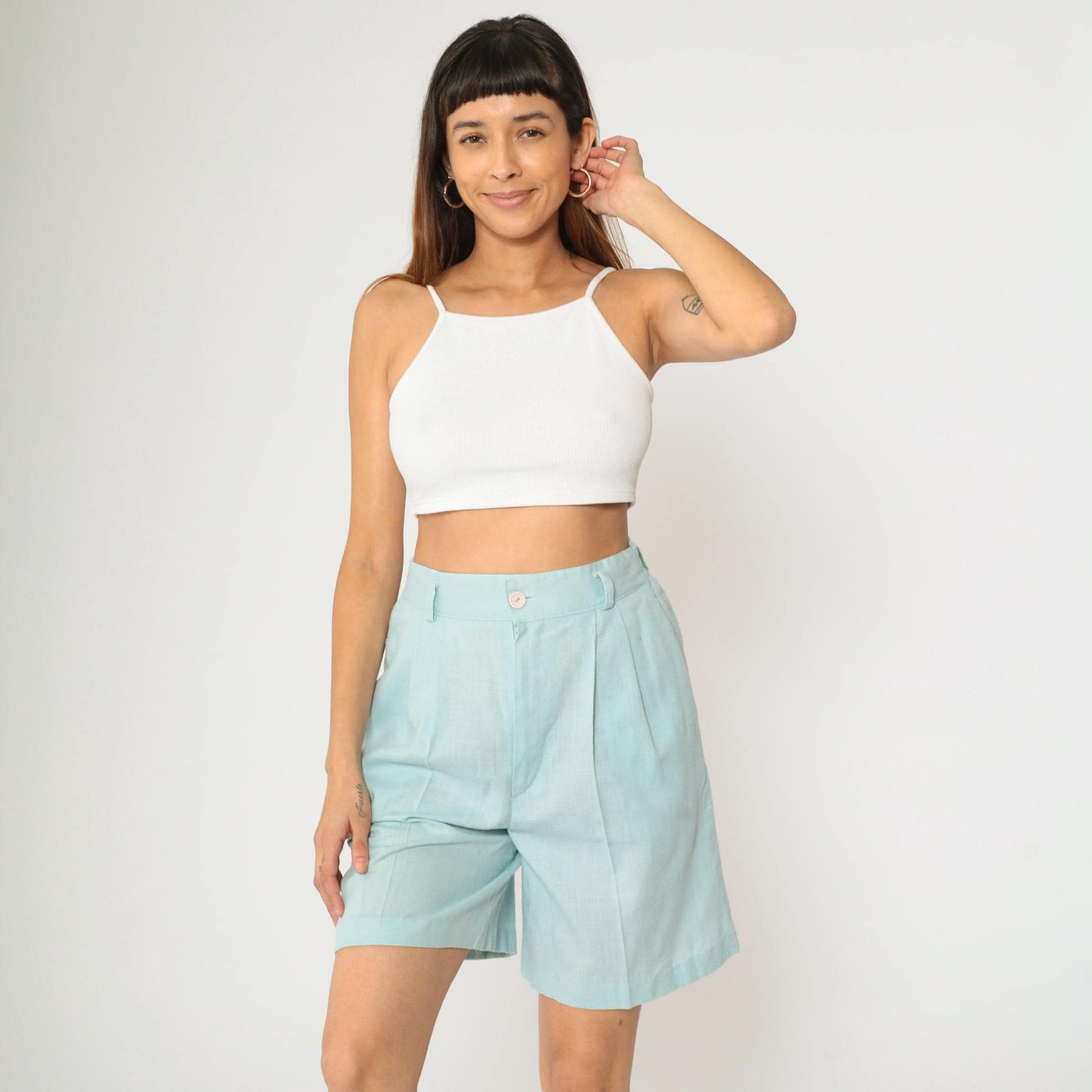 80s Light Blue Pleated High-Waist Shorts Linen Blend Wide Leg Small