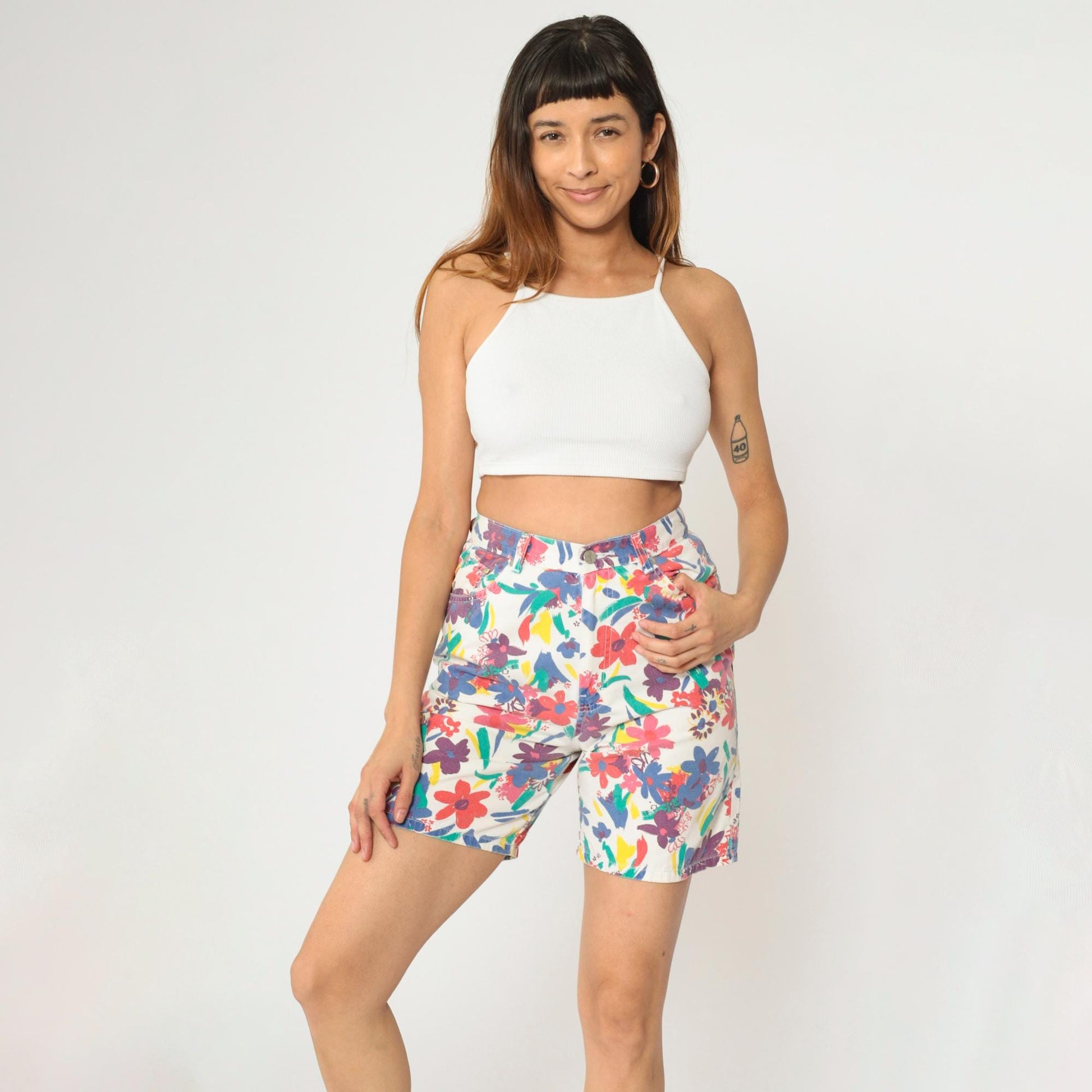 90s Sasson Floral Denim Shorts White High Waist Cotton Small