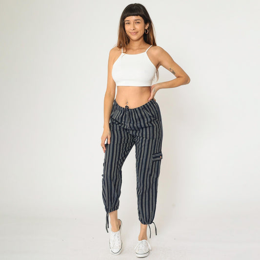 Ecuadorian Striped Navy Cargo Pants Elastic Drawstring Cropped Extra Small