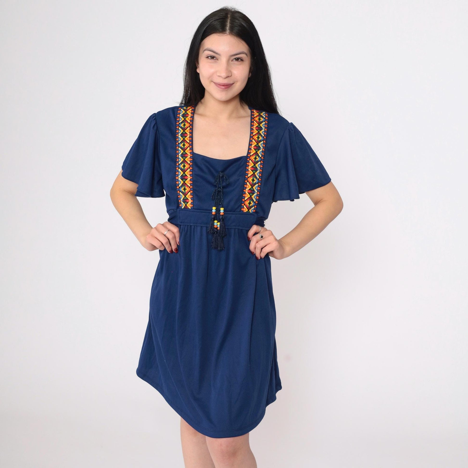 70s Navy Southwestern Empire Waist Mini Dress Flutter Sleeve Medium Large