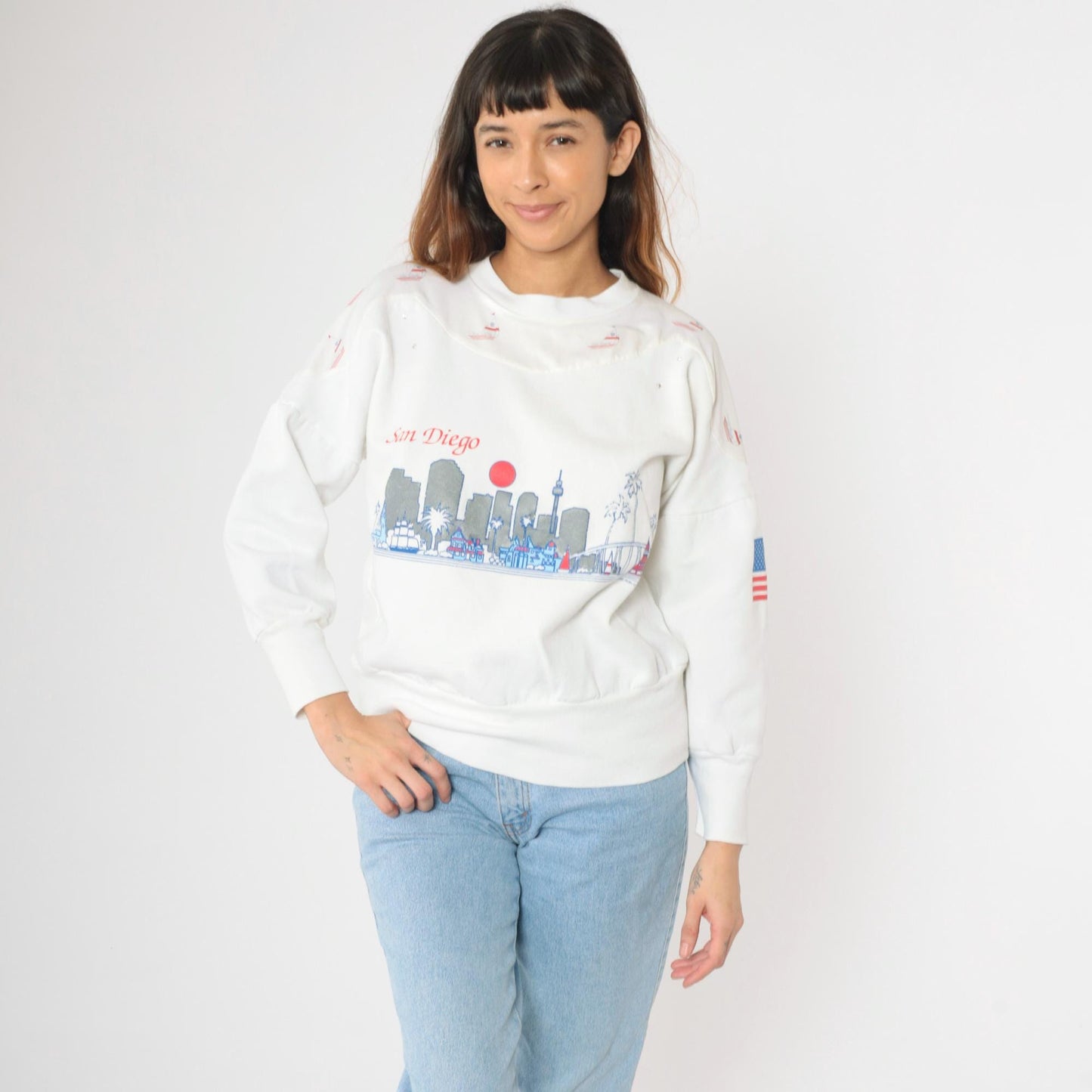 90s San Diego Nautical Sailboat Sweatshirt White Glitter Rhinestone Medium