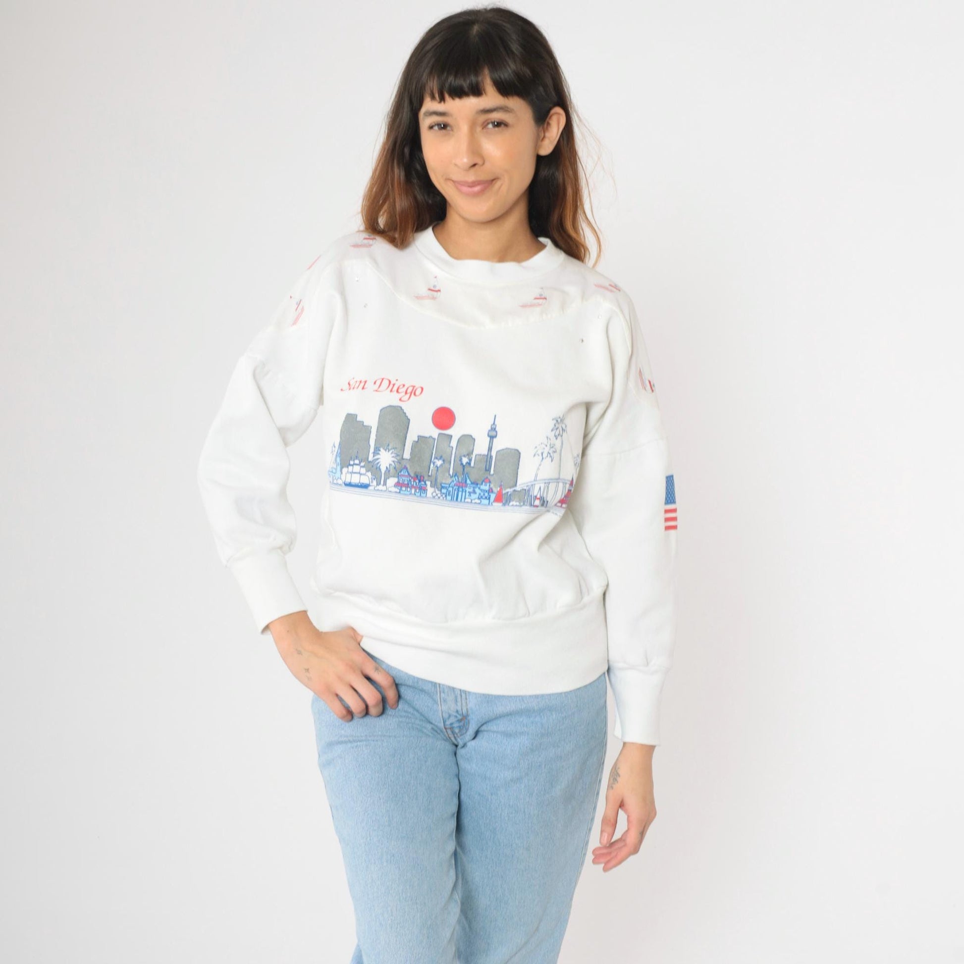 90s San Diego Nautical Sailboat Sweatshirt White Glitter Rhinestone Medium