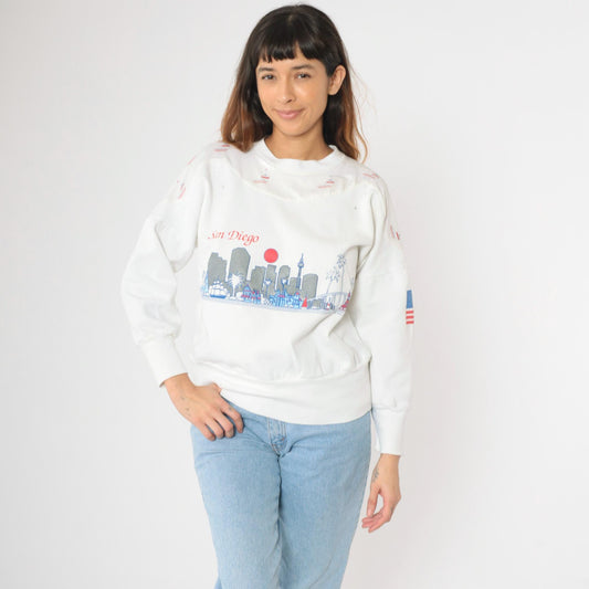 90s San Diego Nautical Sailboat Sweatshirt White Glitter Rhinestone Medium