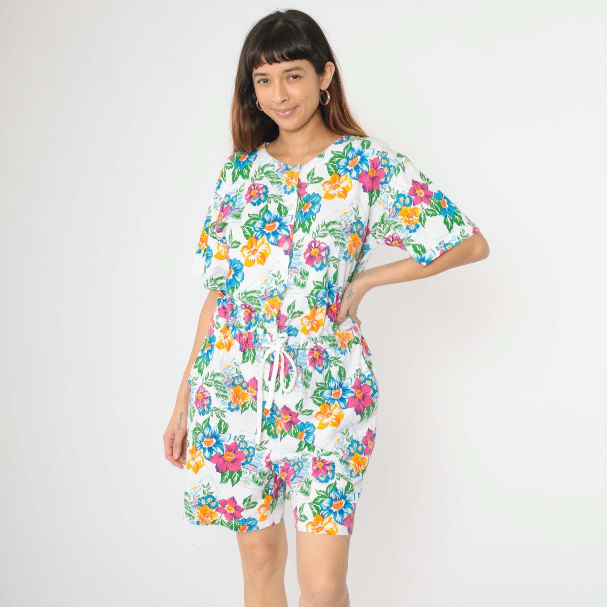 90s Tropical Floral Sailboat Romper White Cotton Button-Up Medium M