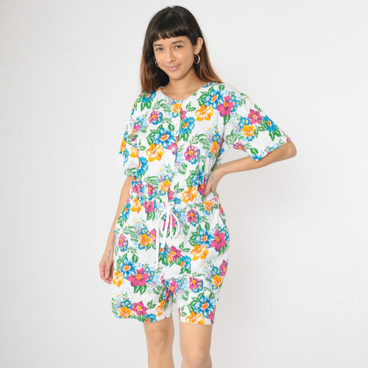 90s Tropical Floral Sailboat Romper White Cotton Button-Up Medium M