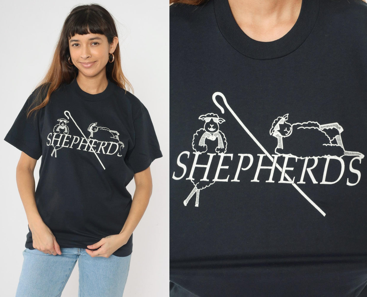 90s Shepherd Sheep Graphic T-Shirt Screen Stars Black Single Stitch Medium