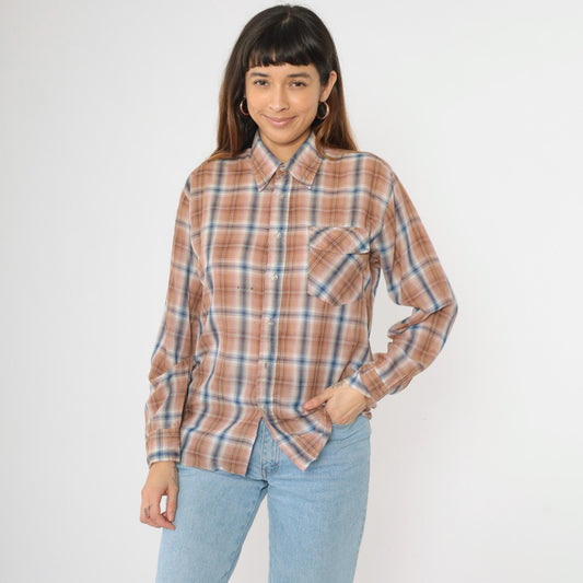80s Tan Blue Pink Plaid Button Up Shirt Long Sleeve Men's Medium