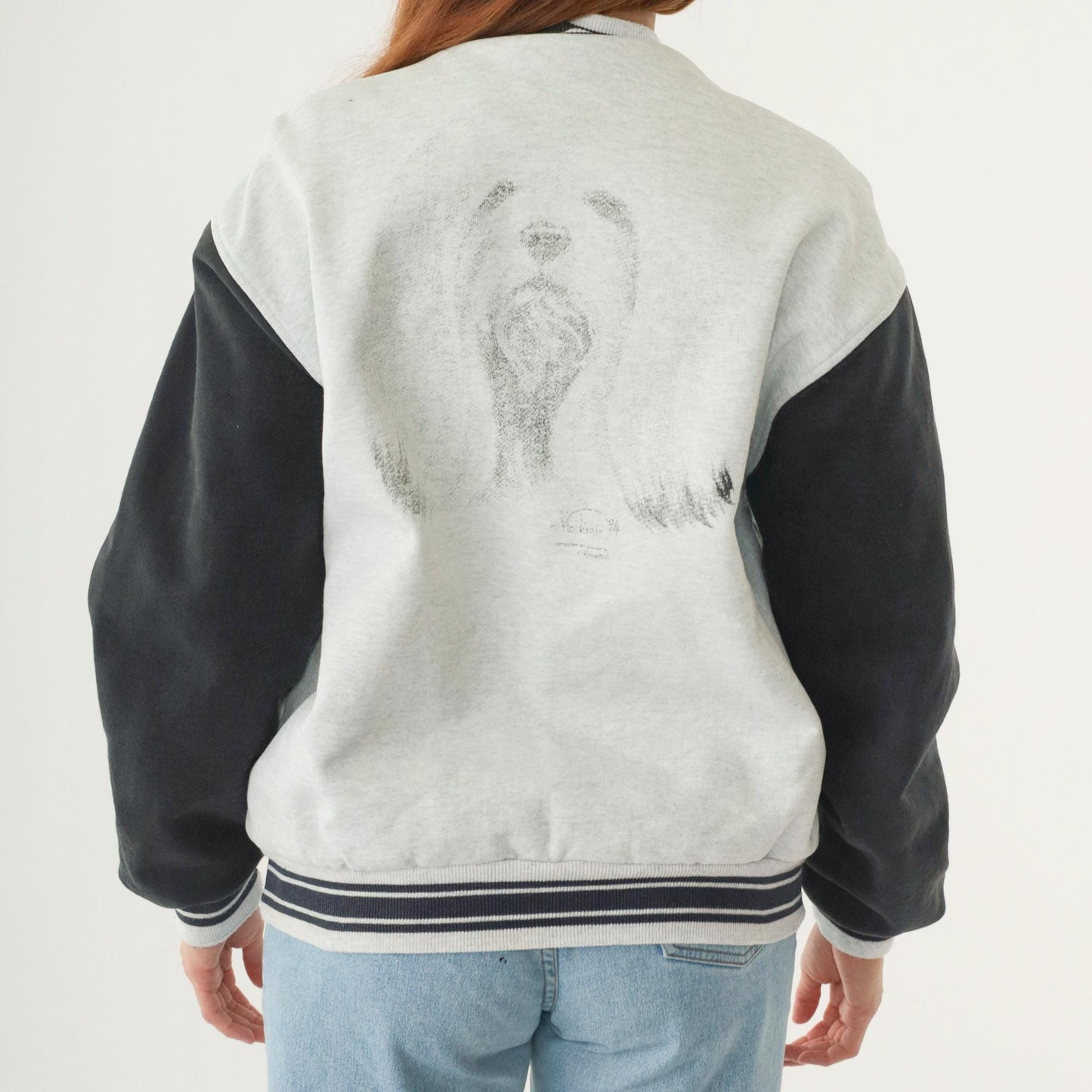 90s Dog Graphic Bomber Jacket Heather Grey Black Striped Snap Up Large L