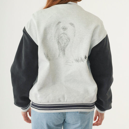 90s Dog Graphic Bomber Jacket Heather Grey Black Striped Snap Up Large L