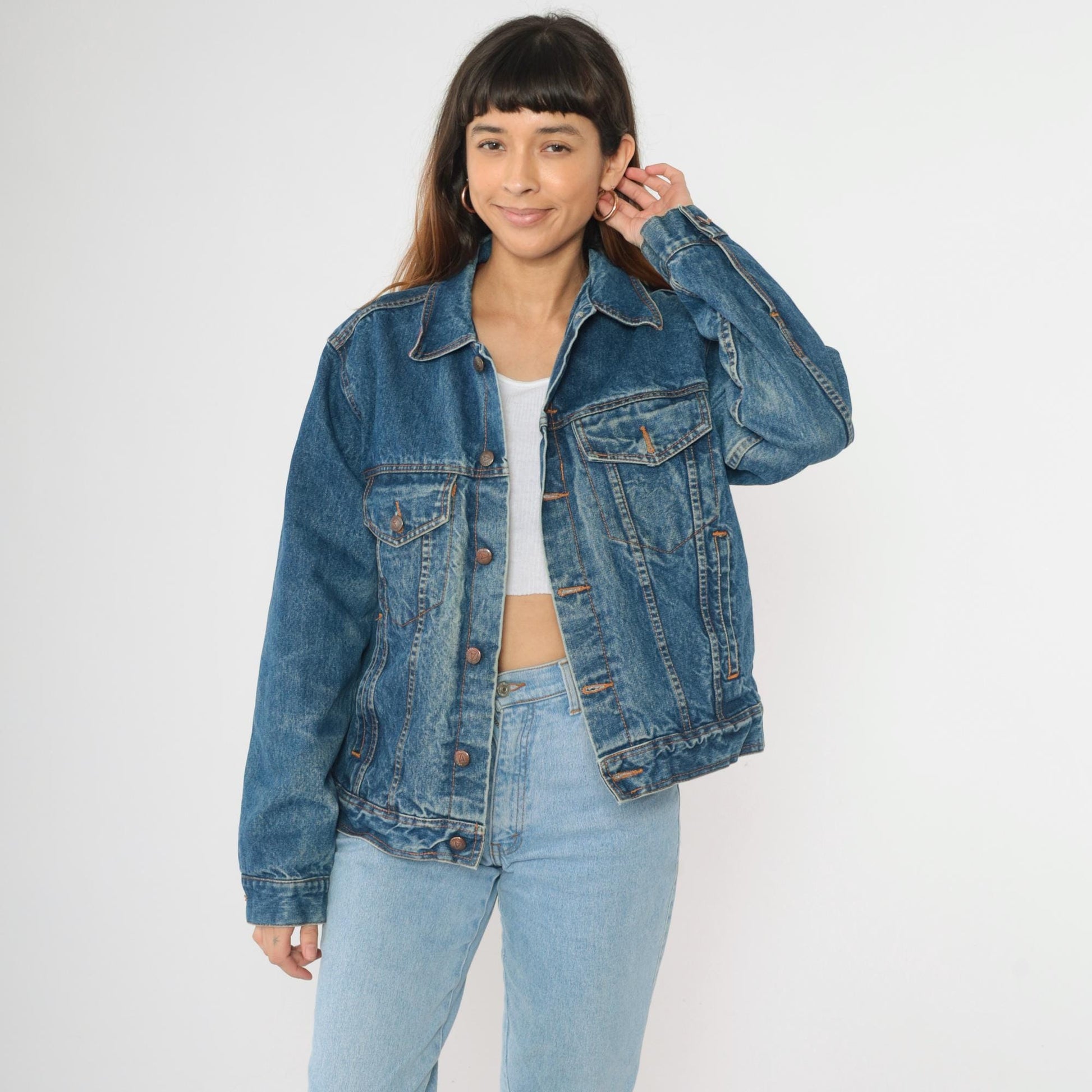 90s Generation One Blue Denim Jacket Red Buffalo Plaid Lining Medium M