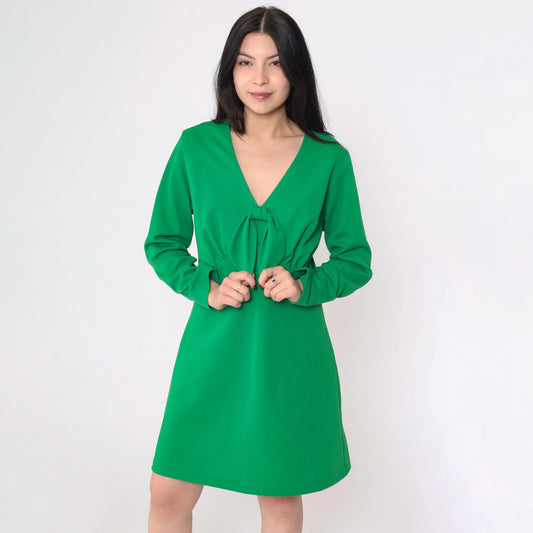 70s Green Babydoll Mini Dress Keyhole Back Empire Waist Long Sleeve Large
