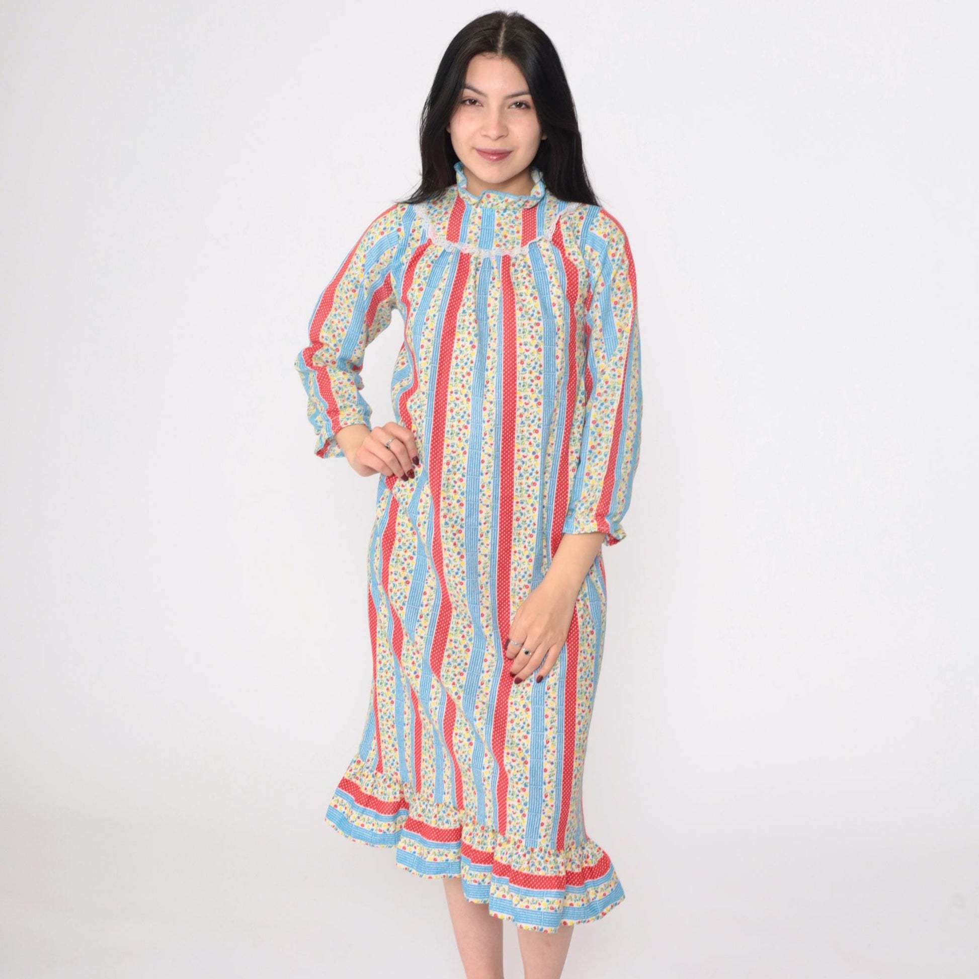 70s Floral Calico Striped Nightgown Eyelet Lace Bib Long Sleeve Red Blue Extra Small