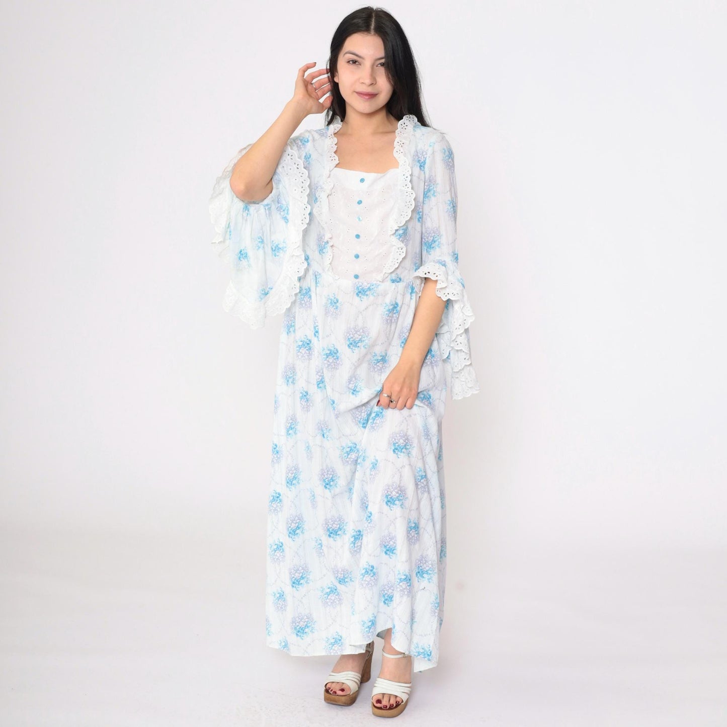 70s Floral Prairie Maxi Dress White Blue Bell Sleeve High Waist Lace Bib Medium Large