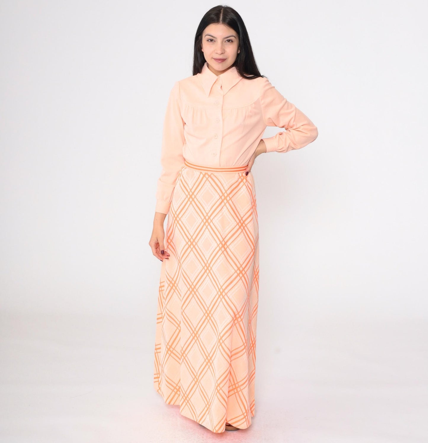 70s Peach Checkered Maxi Dress Button Up High Waist Long Sleeve Small