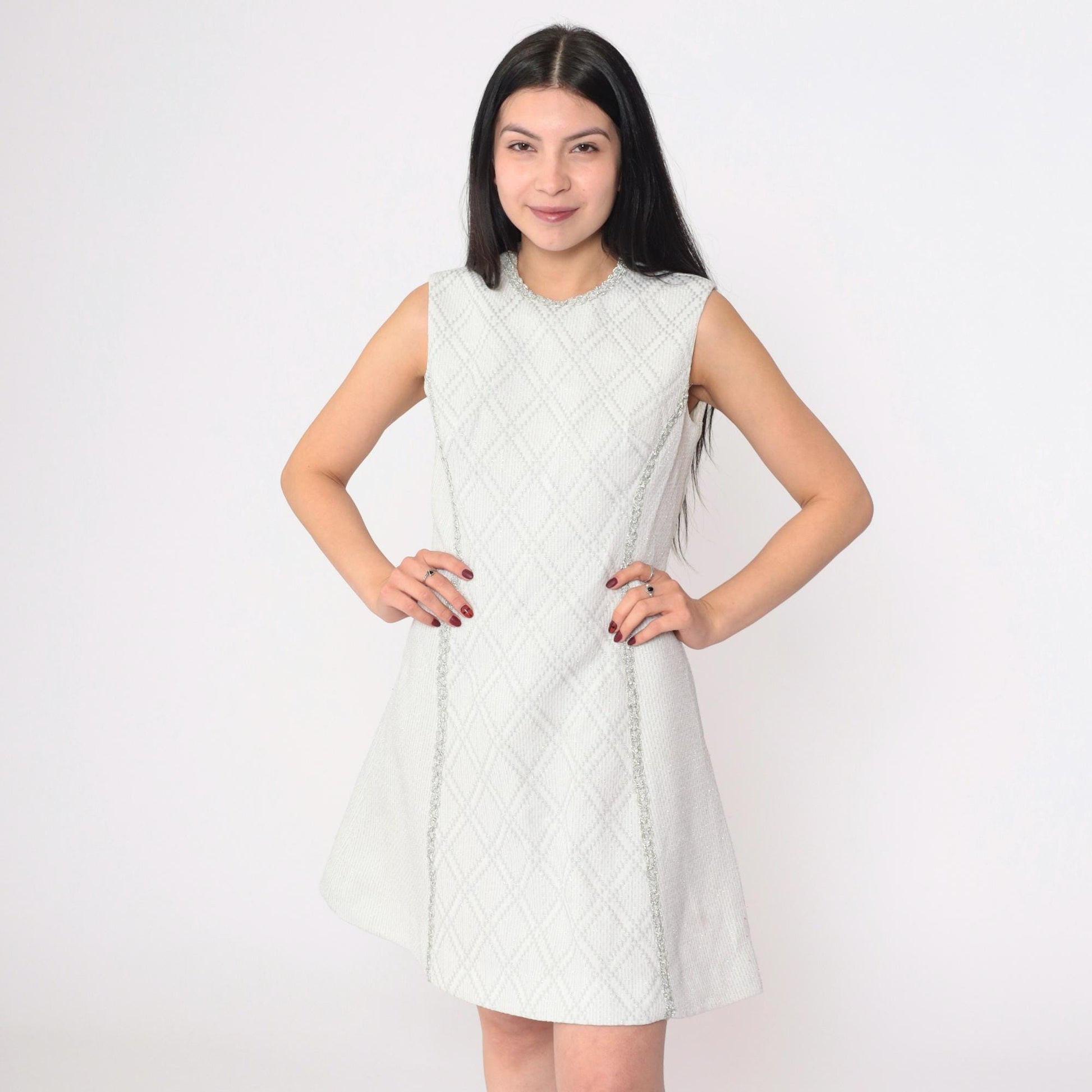 60s Vicky Vaughn Silver Checkered Mini Dress Sleeveless A-Line White Small