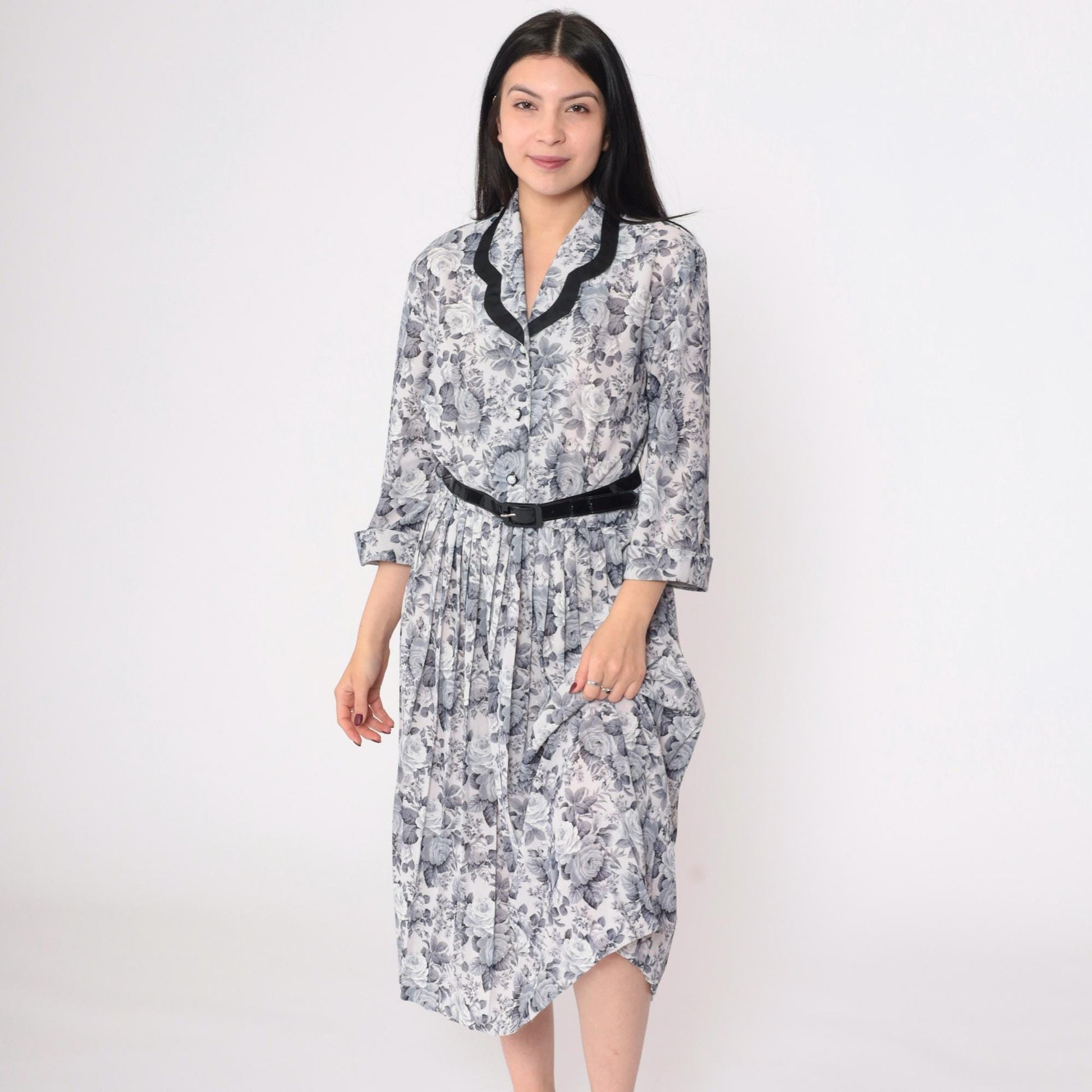 80s Grey Floral Midi Shirtdress Pleated High Waist Button Up 3/4 Sleeve Large