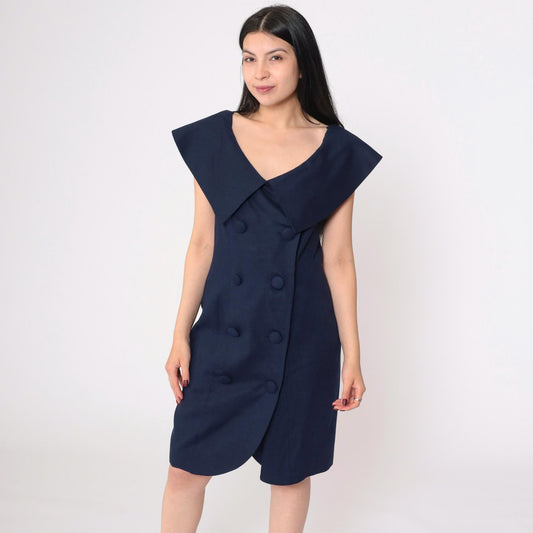 80s Kathryn Conover Navy Portrait Collar Mini Dress Double-Breasted Small 6