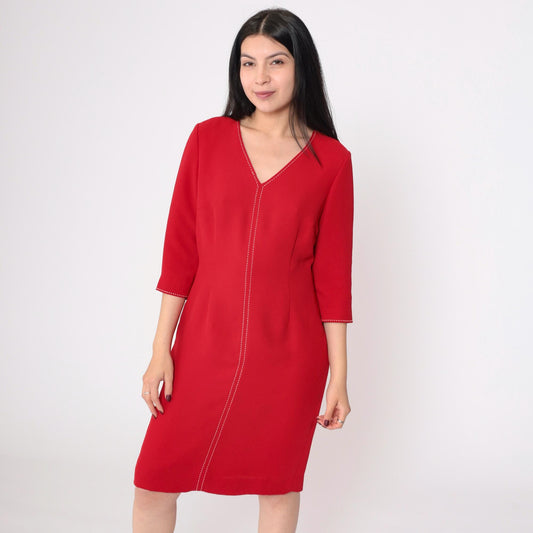 90s David Warren Red Sheath Dress V-Neck Decorative Stitching Small Petite