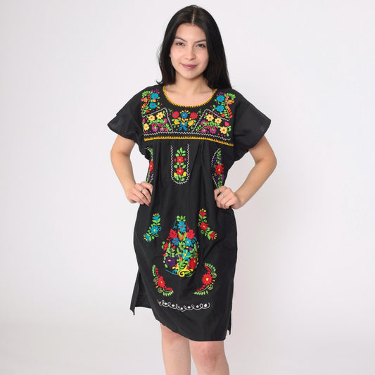 90s Black Mexican Embroidered Cotton Tunic Mini Dress Floral Small