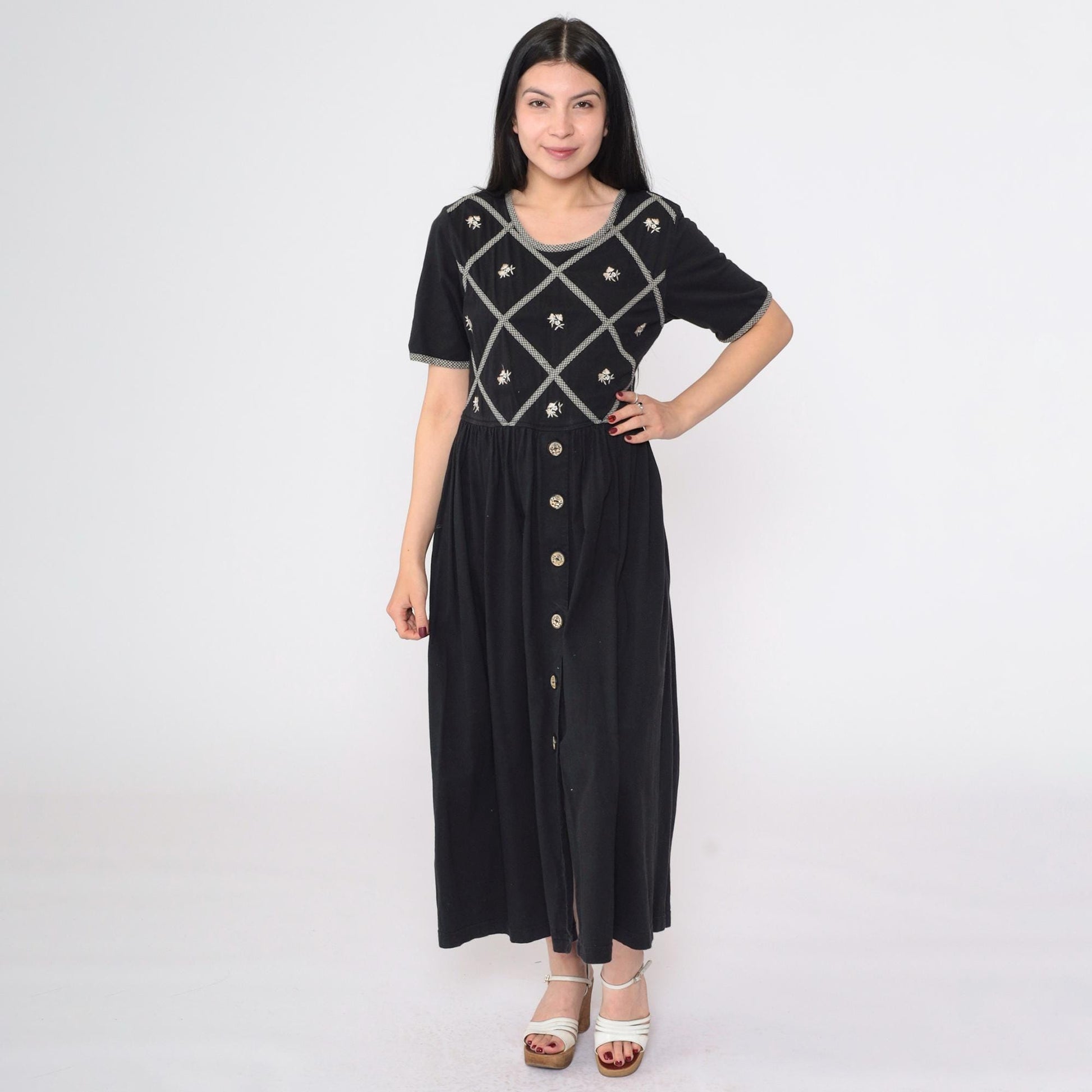 90s Black Floral Embroidered Cotton Maxi Dress Gingham Lattice Short Sleeve Small
