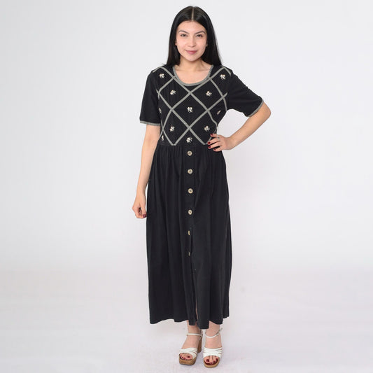 90s Black Floral Embroidered Cotton Maxi Dress Gingham Lattice Short Sleeve Small