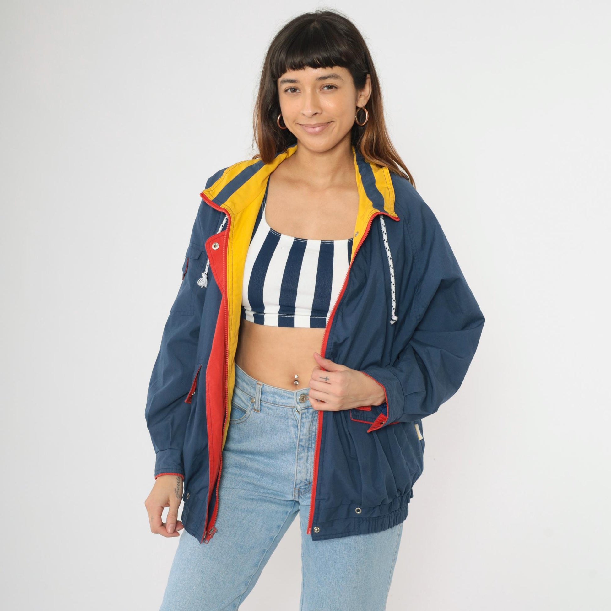 80s Izzi Spirit Blue Windbreaker Jacket Yellow Red Trim Zip Up Medium