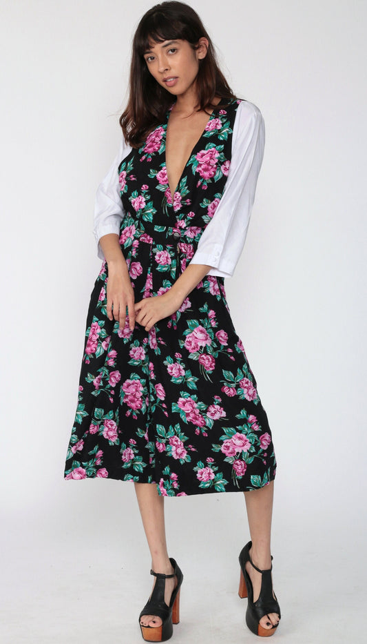 90s Floral Deep V Jumpsuit Wide Leg High Waist Black Small