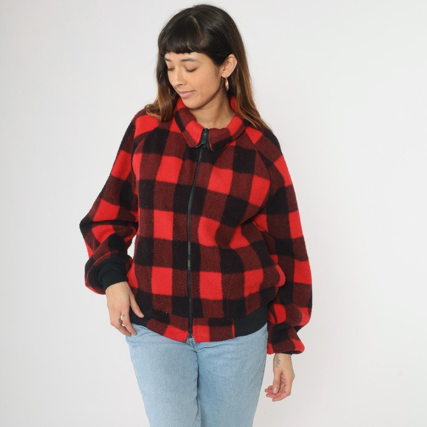 90s Buffalo Plaid Polar Fleece Zip Jacket Red Black Check Medium