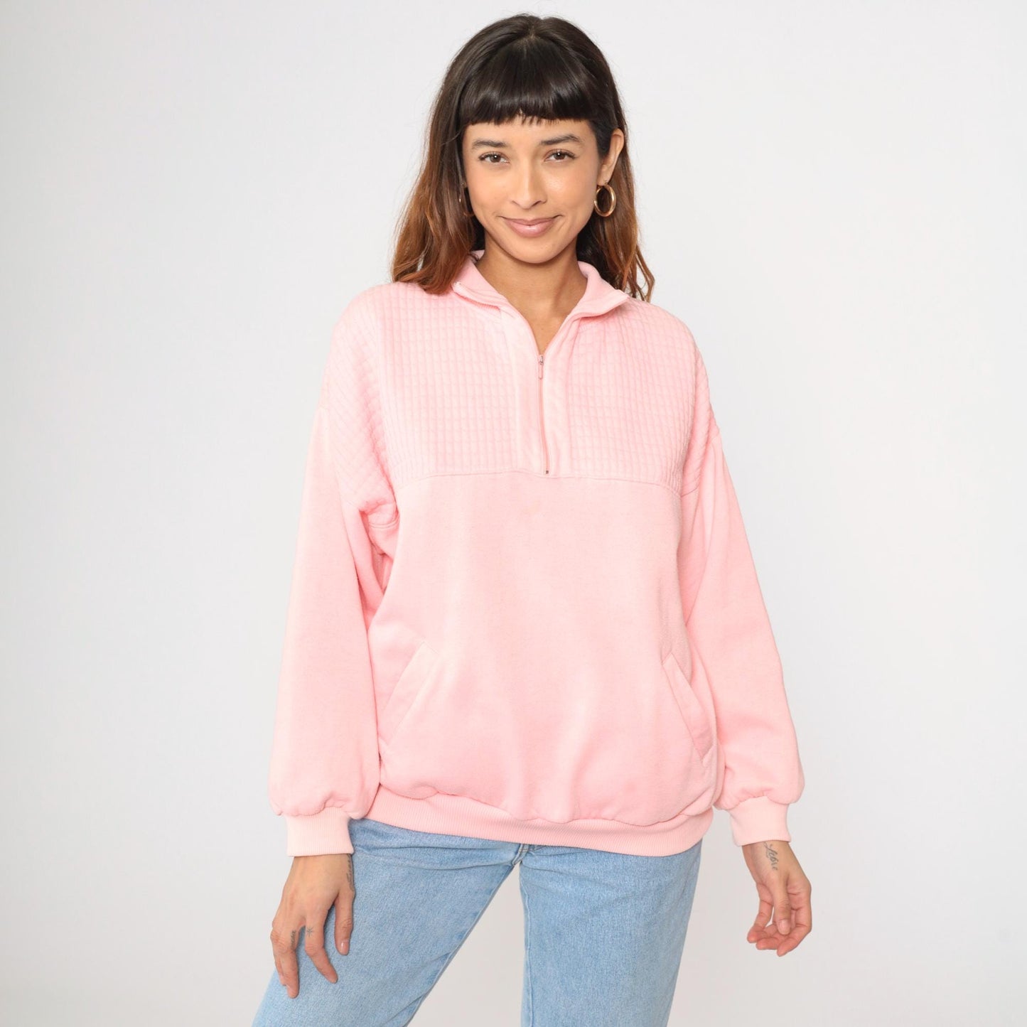 90s Pink Quarter Zip Sweatshirt Collared Pullover Blank Extra Large XL