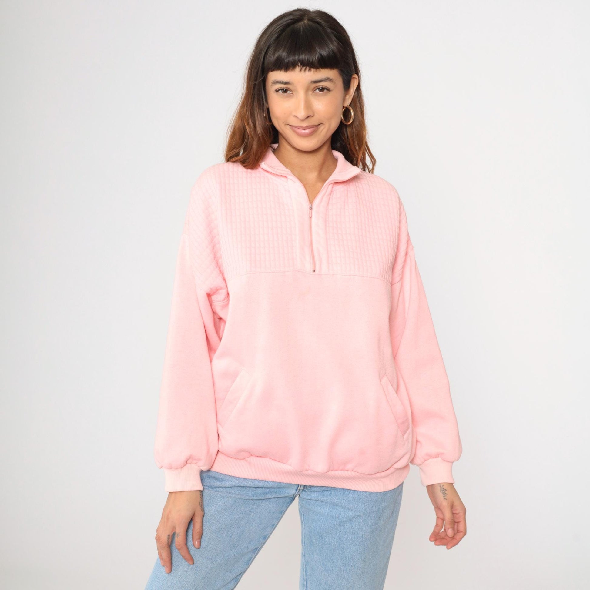 90s Pink Quarter Zip Sweatshirt Collared Pullover Blank Extra Large XL