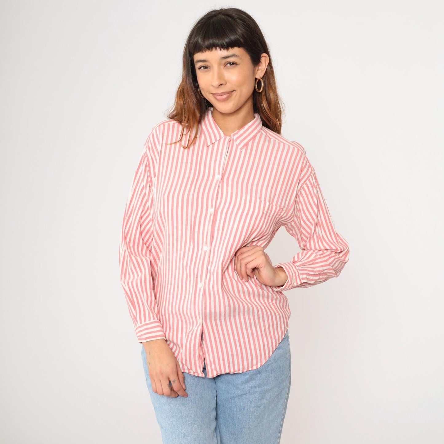 90s Gap Pink Striped Rayon Blouse Long Sleeve Button Up Chest Pocket Medium