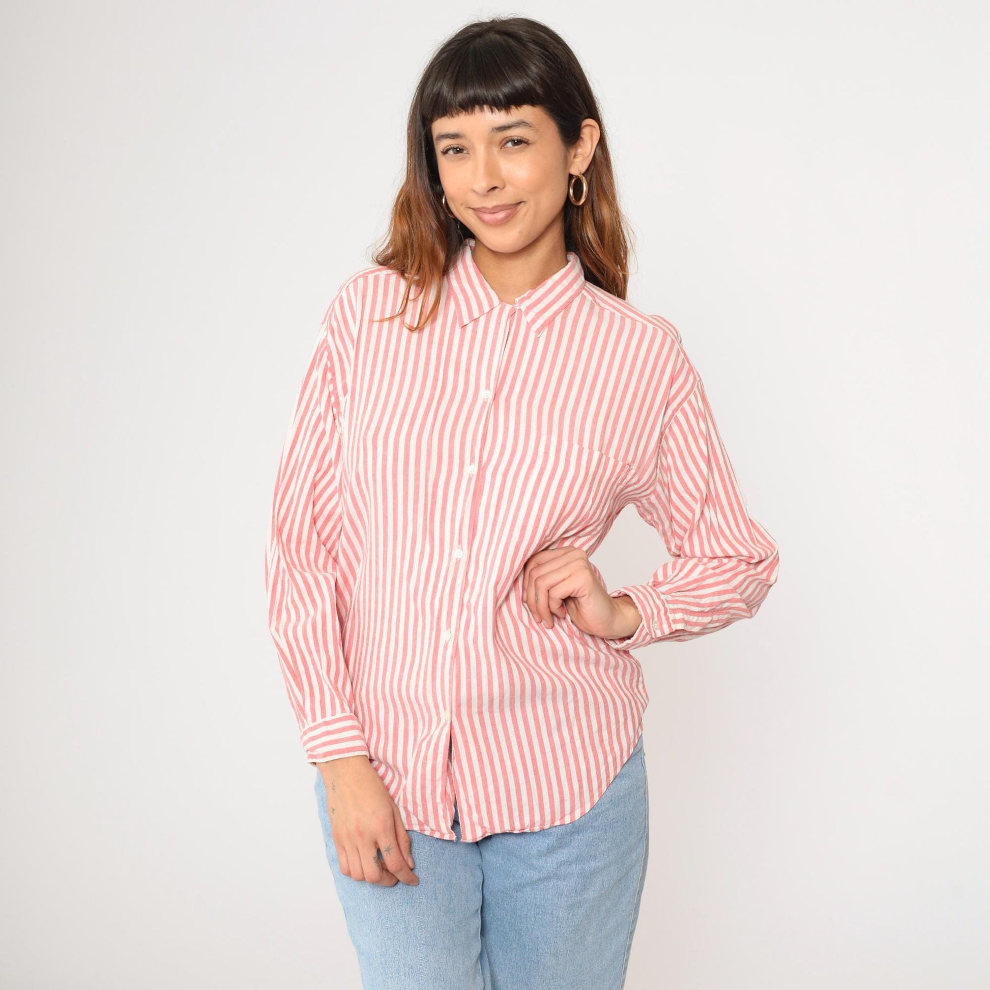 90s Gap Pink Striped Rayon Blouse Long Sleeve Button Up Chest Pocket Medium