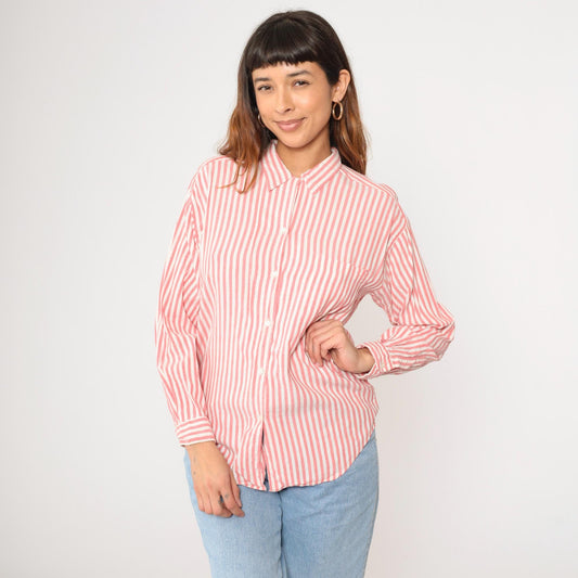 90s Gap Pink Striped Rayon Blouse Long Sleeve Button Up Chest Pocket Medium