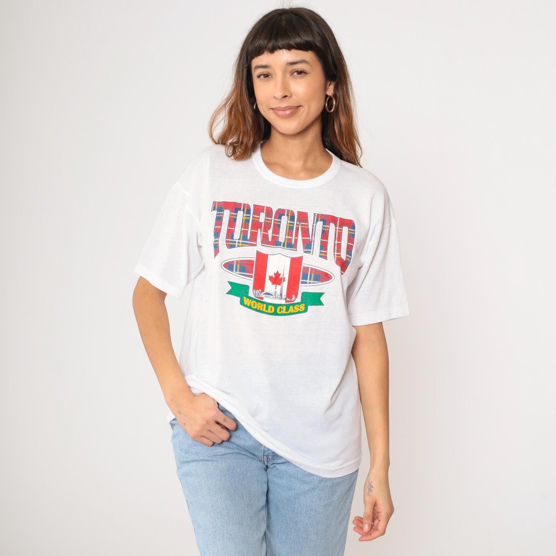 90s Toronto CN Tower Graphic T-Shirt White Canada Travel Tee Large L