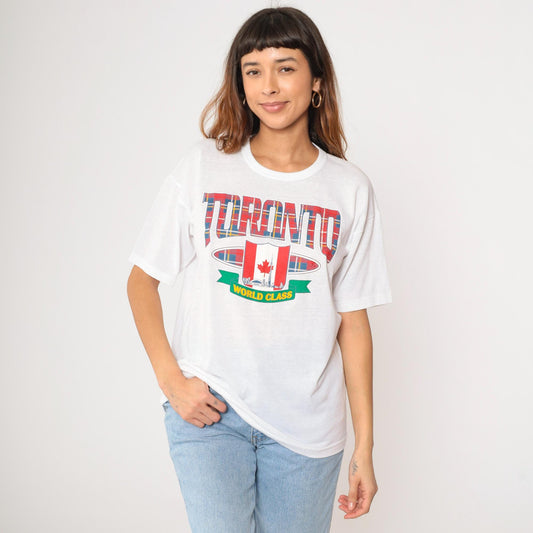 90s Toronto CN Tower Graphic T-Shirt White Canada Travel Tee Large L