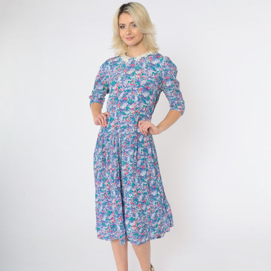 80s Floral Midi Dress Multicolor Puff Sleeve Lace Collar Drop Waist Medium